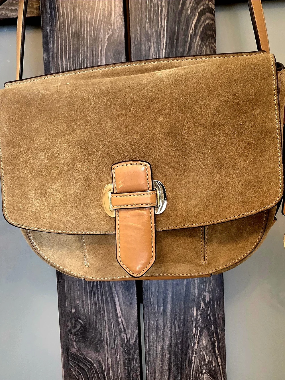 Michael Kors Tan Suede Leather Shoulder Bag - Gold Hardware, Buckle, MK Charm - Picture 6 of 12